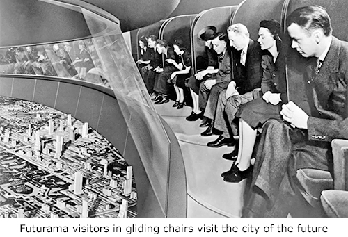 Futurama visitors in gliding chairs view the city of the future