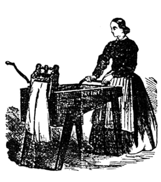 woman at wooden tub and wringer washer